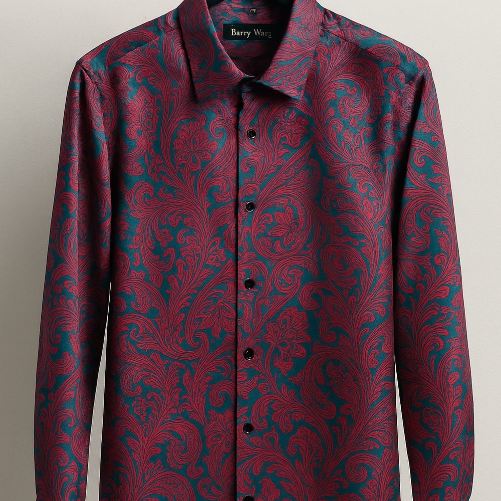 Barry.Wang Paisley Satin Shirt | Teal & Magenta | Size M